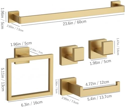 5-Piece Brushed Gold Bathroom Accessories Set 23.6 Inch Towel Bar Set. - Image 2