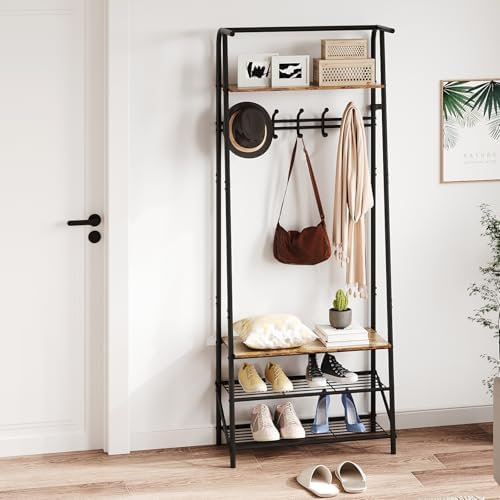 25" Coat Rack Hall Tree with Hooks, 4-Tier Shelf Entryway Storage Hall Tree Freestanding Metal Frame Multifunctional Hallway Organizer, Accent Furniture for Bathroom, Shoe Bench Entryway by Unknown