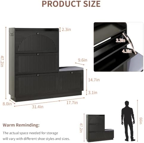 Shoe Cabinet with Bench, 4‑Flip Drawer Fluted Shoe Storage Cabinet with Removable Adjustable Shelves, Side Hooks & Anti‑Tip Device, Freestanding Entryway Shoe Organizer for Hallway, Black - Image 2