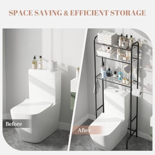STDDRE 3-Tier Over The Toilet Storage Space Saver with Paper Holder Freestanding Rack Metal Bathroom Shelves with Hooks Above The Toilet Storage Shelf (Black, 3 Tier) - Image 7