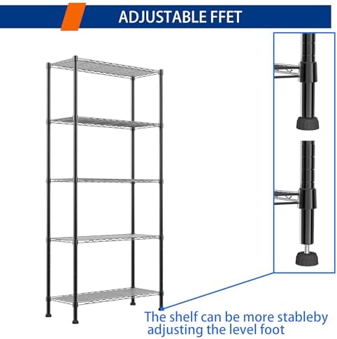 REGILLER 5-Wire Shelving Metal Storage Rack Adjustable Shelves,Standing Storage Shelf Units for Laundry Bathroom Kitchen Pantry Closet(Black,14.1" D x 30" W x 79" H) - Image 6