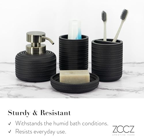 ZCCZ Black Bathroom Accessories Set 4 Pcs - Toothbrush Holder, Soap Dispenser, Vanity Tray, Tumbler - Countertop Organizer for Bathroom - Modern Accessory Set for Home Decor and Storage - Image 5