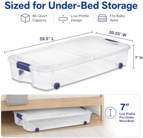 66 Qt Under Bed Storage Container, Wheeled Clear Latching Lid(2-Pack) - Image 2