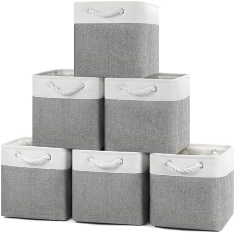 Posprica 11×11×11 Storage Cubes, Collapsible Storage Bins Organizer for Closet, Fabric Storage Box with Cotton Rope Handles, Decorative Storage Baskets for Shelves, set of 6 - White/Gray by Posprica