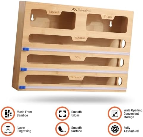 APSARAS USA 5 in 1 Bamboo Foil and Plastic Wrap Organizer for Kitchen Drawer, Ziplock Bag Organizer, Saran Wrap Dispenser with Cutter, Plastic Bag Organizer, Food Storage Bag Organization - Image 2