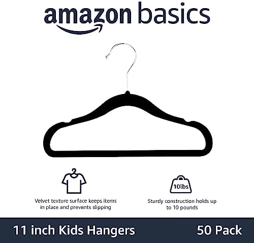 Amazon Basics Kids Space Saving Velvet Non-Slip Clothes Hangers with Shoulder Notches for Infant and Toddler, 11.6", Black, 50 Count (Pack of 4) - Image 2
