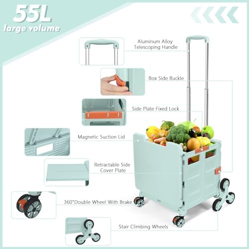 Foldable Utility Cart with Stair Climbing Wheels,Collapsible Rolling Crate with Magnetic Lid Telescopic Cover,Telescoping Handle,360° Rotate Wheel Hand Cart for Teacher Shopping Moving Grocery(Green) - Image 3