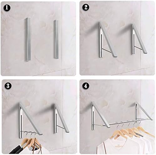 Laundry Room Drying Rack Wall Mounted Clothes Hanger Folding Wall Coat Racks Aluminum Home Storage Organiser Space Savers Silver 2 Rakcs with Rod - Image 3