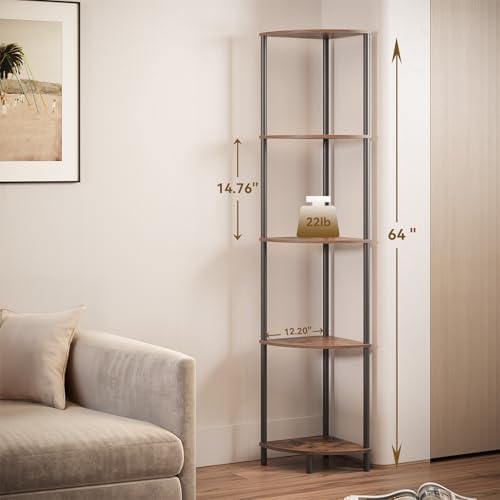SUNMORY 5 Tier Corner Shelf with LED Light, Industrial 65" Corner Shelves - Image 2