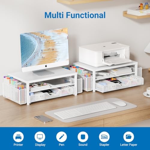OPNICE Desk Organizers and Accessories, Computer Monitor Stand Riser with Drawer and 2 Pen Holders, Printer & Laptop Stand, Office Desk Accessories & Workspace Organizers for Home Office Supplies, Metal White - Image 4