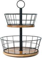WILDMOS 2 Tier Fruit Bowl - Sturdy Iron Wire Fruit Basket with Real Wood Base, 12 Inch Large Fruit Basket for Kitchen Counter, Anti-Slip Silicone Pads, 2 Tier Fruit and Vegetable Storage Solution by WILDMOSENJOYYOURHOME
