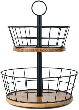 WILDMOS 2 Tier Fruit Bowl - Sturdy Iron Wire Fruit Basket with Real Wood Base, 12 Inch Large Fruit Basket for Kitchen Counter, Anti-Slip Silicone Pads, 2 Tier Fruit and Vegetable Storage Solution by WILDMOSENJOYYOURHOME