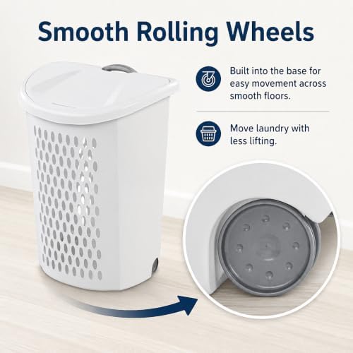 135L White Wheeled Plastic Laundry Hamper - Rolling Laundry Basket with Lid - Image 7