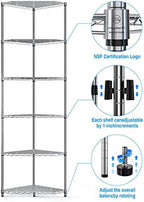 6-Tier NSF Metal Corner Shelf Wire Shelving Unit - 600lbs Capacity, Adjustable, with leveling feet & Shelf Liners - Ideal for Garage, Kitchen - 20" L x 20" D x 72" H - Pentagonal-Shape - Chrome - Image 4