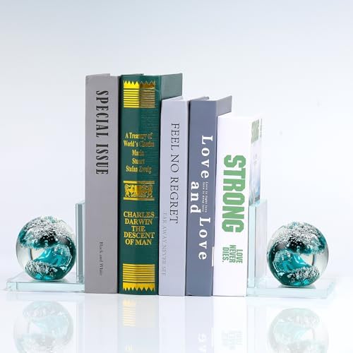 Glass Book Ends for Shelves, Dark Blue Hand Blown Sea Wave Ball, Set of 2 - Image 5