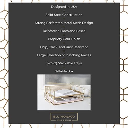 BLU MONACO | Paper Tray Stackable Gold Mesh Set of 2 | Stackable File Trays for Desk Organization | Tiered Desk Organizer with Metal Letter Trays - Image 3