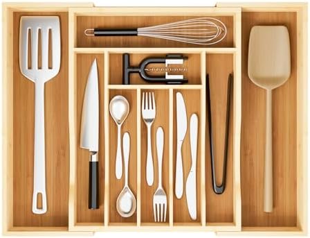 Expandable Bamboo Drawer Organizer Cutlery 7-9 Slots Natural by Azaeahom
