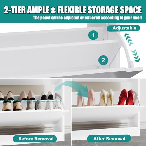 Xixini Shoe Storage Cabinet for Entryway with 2 Flip Drawers, Wood Freestanding Hidden Shoe Storage, Narrow Slim Sturdy Shoe Organizer for Front Door Entrance, Living Room, Hallway, Bedroom, White - Image 4