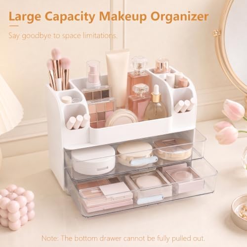 Makeup Organizer for Vanity with Brush Holder, Countertop Bathroom Cosmetic Organizer Skin Care Storage, Large Easy to Store Lipsticks, Nail Polishes, Perfumes, Eyeshadow Palettes (White) - Image 4