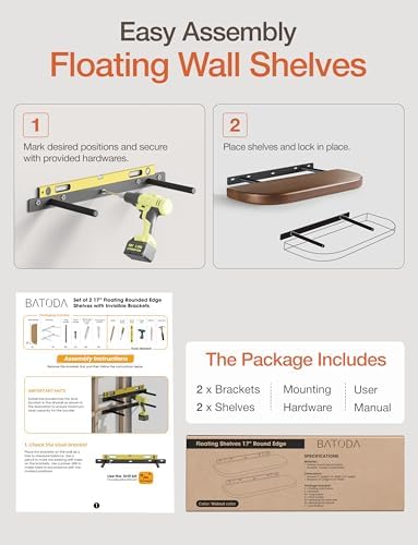 BATODA Set of 2 17" Acacia Wood Floating Shelves for Wall, Walnut Color - Image 6