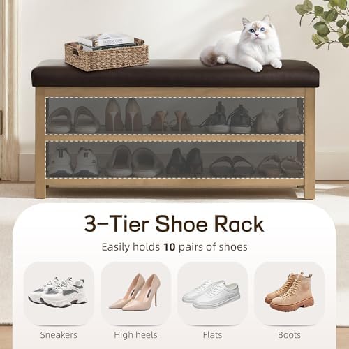 Zihanhome Shoe Rack Bench with Leather Cushion, 2 Tier Solid Wood Storage Bench, Mid-Century Modern Shoe Bench for Entryway, Hallway, Closet, Front Door Entrance, Foyer (Dark Brown, 46.5) - Image 6
