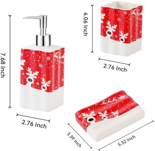Christmas Reindeer Bathroom Accessories,3-Piece Ceramic Bathroom Accessory Set with Soap Dish, Dispenser, and Tumbler, Red - Image 2