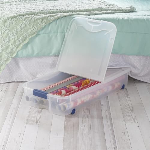 2 Pack 66 Quart Wheeled Underbed Storage Bins Clear Plastic Latching Lid Blue Rolling Organizer Containers - Image 4