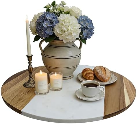 18" Marble & Wood Lazy Susan Turntable, Rotating Serving Tray by chicapica