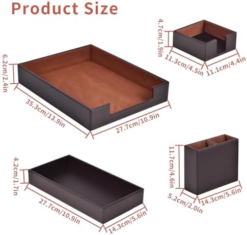 4 Pack Leather Office Supplies/Desk Organizer for Letter Paper Tray,Sticky Note Holder,Pen Cup,Stackable Small Letter Mail Sorter Tray,Workspace Decor for Women Men (Brown, 4-piece set) - Image 6