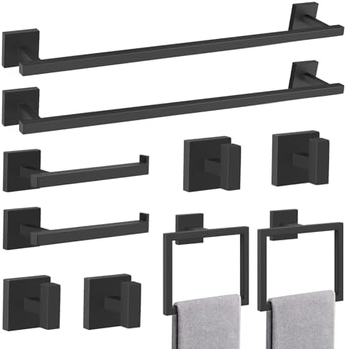 TQKAG Matte Black Bathroom Hardware Accessories Set 10 Pieces, 23.6" SUS304 Stainless Steel Towel Bar Set Wall Mounted Includes Single Towel Bar, Towel Ring, Toilet Paper Holder, Double Towel Hooks by TQKAG