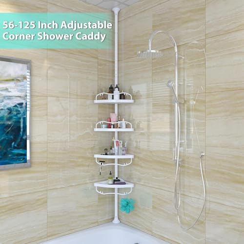 Shower Caddy Tension Pole with 4 ABS Baskets,Shower Storage Shelf with 56 to 125 Inch Adjustable Stainless Pole for Bathroom White - Image 2