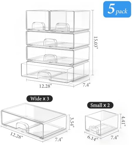 Clear Stackable Storage Drawers Set of 5 Bathroom Makeup Organizer Bins - Image 2