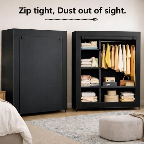 Simple Deluxe Wardrobe with lid, Clothes Rack for Hanging Clothes, 40.7" W x 17.5" D x 64.2" H Garment Rack，Max Load 143LBS，Black Rack with Black Cover - Image 6