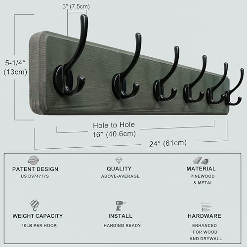 Dseap Coat Rack Wall: 24" Long, Patented, Heavy-Duty, 6-Double-Hooks Wooden Wall Mounted Coat Rack Coat Hanger Hook Rail for Winter Coats Hat Jacket Clothing, Weathered Green - Image 5