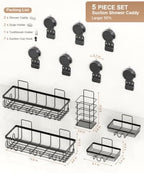 JOTPE Shower Caddy 5 Pack, No-Drill Suction Shower Organizer, Black - Image 2