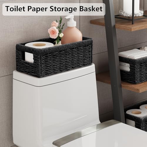 Vagusicc Wicker Storage Basket, Set of 2 Hand Woven Wicker Baskets for Organizing with Handles, Decorative Small Storage Bins for Countertop Toilet Paper Basket for Toilet Tank Top, Shelves, Black - Image 3