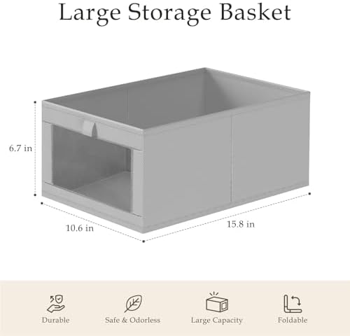 Criusia 8 Pack Linen Closet Organizers and Storage, Large Linen Closet Baskets for Organization, Foldable Storage Containers for Toys, Clothing, Towels, Jeans, Books, Shelves, Grey - Image 3