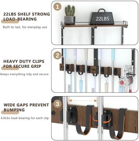 Broom and Mop Organizer Wall Hanging with Cleaning Supplies Organizer, Dark - Image 6