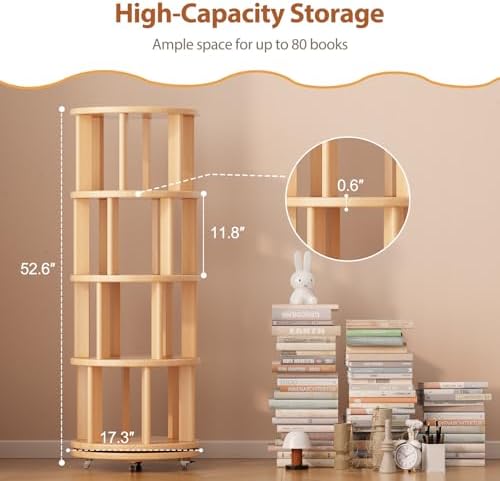 Muwuele 4 Tier Solid Wood Rotating Bookshelf Tower on Wheels, Natural - Image 2