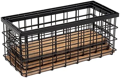 TIEYIPIN Farmhouse Decor Metal Wire Storage Baskets, Wood Base Containers Organizing Basket Caddy Bin for Kitchen Cabinets, Bathroom, Pantry, Garage, Laundry Room, Closets - Small - Black (Set of 3) - Image 5