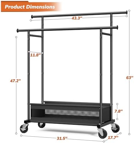 Clothes Rack 210 LBS Double Rods Extra Storage Basket - Image 4