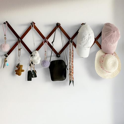 SKOLOO Hat Rack for Wall with 14 Hooks, Solid Wooden, Modern, Expandable Coat Rack Wall Mount for Coats, Hats, Bags, Baseball Caps, Cherry Red - Image 3