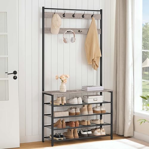 HOOBRO Hall Tree, Coat Rack with Shoe Rack, 39.4" Hall Tree with Bench, 5 Tier Shoe Storage Organizer with 9 Hooks for Entryway, Closet, Sturdy, Industrial, Greige and Black BG801MT01 - Image 3