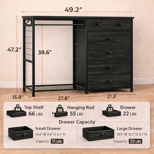 Simple Deluxe Storage Clothes Rack with 6 Drawers, Charging Station & LED Lights, Fabric Chest Shelves Clothing Rack, Wooden Portable Wardrobe Closet, 49.2" W x 15.7" D x 47.2" H, Black - Image 3