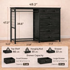 Simple Deluxe Storage Clothes Rack with 6 Drawers, Charging Station & LED Lights, Fabric Chest Shelves Clothing Rack, Wooden Portable Wardrobe Closet, 49.2" W x 15.7" D x 47.2" H, Black - Image 3