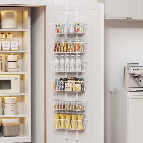 6 Tier Over the Door Pantry Organizer, Foldable Metal Over the Door Hanging Spice Rack with 6 Baskets, Adjustable No Drill Hanging Storage Rack for Kitchen, Bedroom, Laundry, Bathroom, White by Upesitom