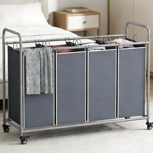LINZINAR 4 Section Laundry Hamper, Grey Laundry Basket, 180L Laundry Sorter - Image 2