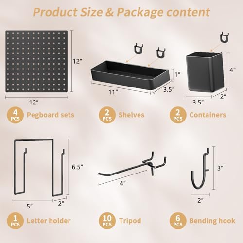 FZK Modular Plastic Pegboard Wall Organizer Kit, Black, 12x12, 4 Panels - Image 2