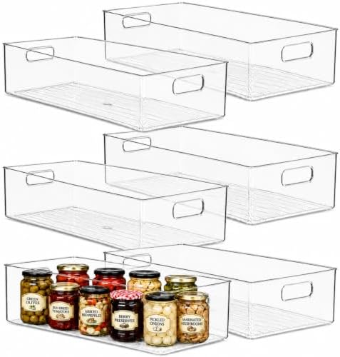 primebox Plastic Food Storage 6 Pack Clear Container Bin with Handles for Organizing Kitchen, Pantry, Refrigerator, Freezer, Pantry, Cabinet, Closet, Bathroom. 20”x8”x5” by primebox