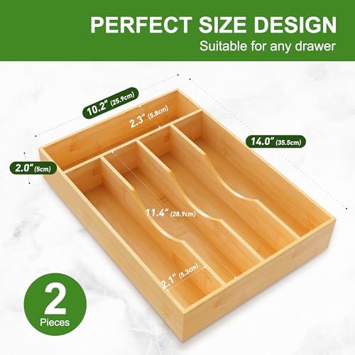 Greenual Silverware Organizer 10 In Utensil Organizer Silverware Tray for Drawer Cutlery Flatware Organizer for Kitchen Bamboo Wood 2 Pack - Image 2